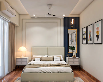 Compact Master Bedroom Design With Dark Blue Panels And White Trims